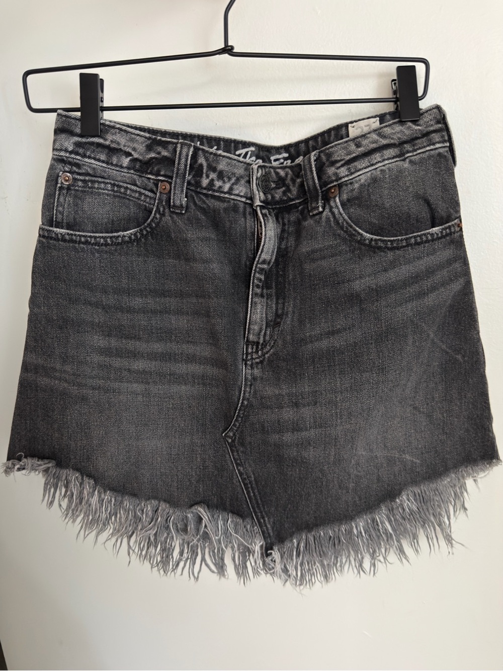 Free People Distressed Black Denim Mini Skirt with Frayed Hem